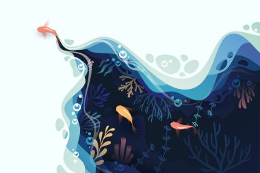 Fishes layered shape wavy ocean underwater background in paper cut style