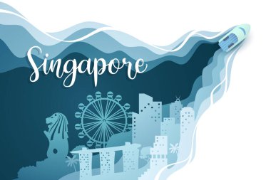 Ship ocean in panorama of world famous landmarks of singapore for travel advertising