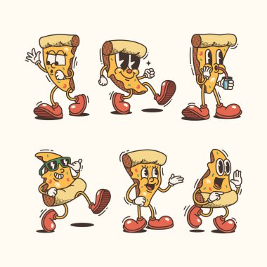 Set of Trendy Pizza and Cartoon Characters, Vintage character vector art collection clipart