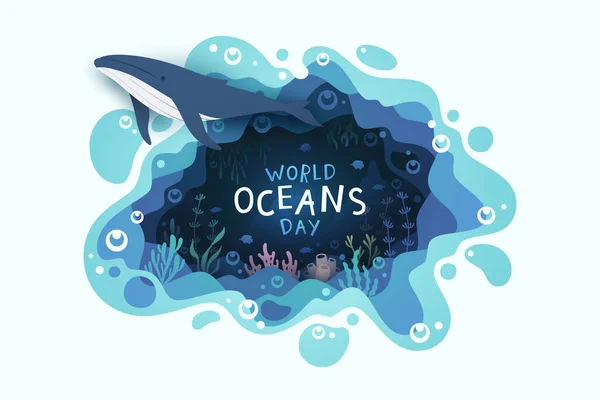 Wereld Oceanen Dag Achtergrond Met Milieu Ecosysteem Onderwater Wereld — Stockvector