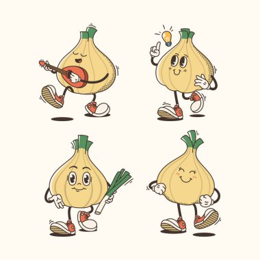 Çeşitli Pozisyonlar ve İfadelerle Geleneksel Sarımsak Çizgi Filmleri