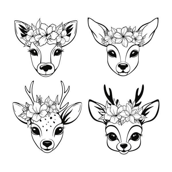 stock vector Set of cute deer with floral decorations