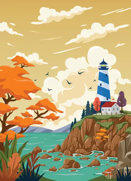 Leuchtturm Auf Felsen Steine Insellandschaft Mercusuar Turm Illustration Flachen Stil lizenzfreie Stockvektoren