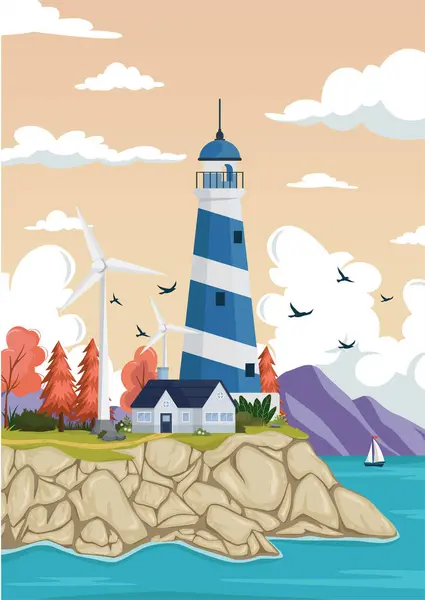 Leuchtturm Auf Felsen Steine Insellandschaft Mercusuar Turm Illustration Flachen Stil Stockillustration