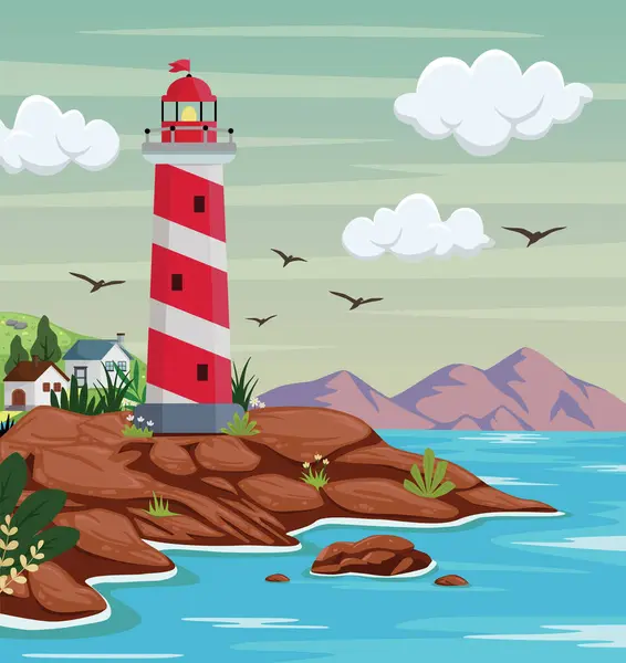 Φάρος Στο Βραχώδες Τοπίο Νησί Πέτρες Mercusuar Εικονογράφηση Πύργο Επίπεδη Royalty Free Εικονογραφήσεις Αρχείου