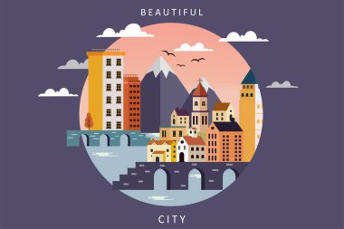Şehir manzarası geometrik minimal düz stil, düz tasarım şehir manzarası çizimi