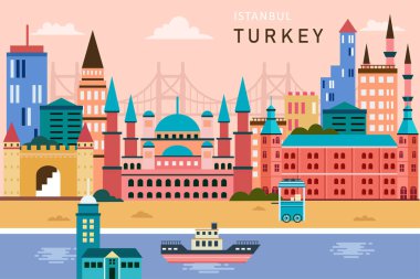 Türkiye 'nin ufuk çizgisi konsepti düz vektör çizimi, ufuk çizgisi ve ünlü binalar ile Türkiye' ye Seyahat kavramı