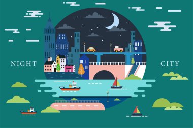 Şehir manzarası geometrik minimal düz stil, düz tasarım şehir manzarası çizimi