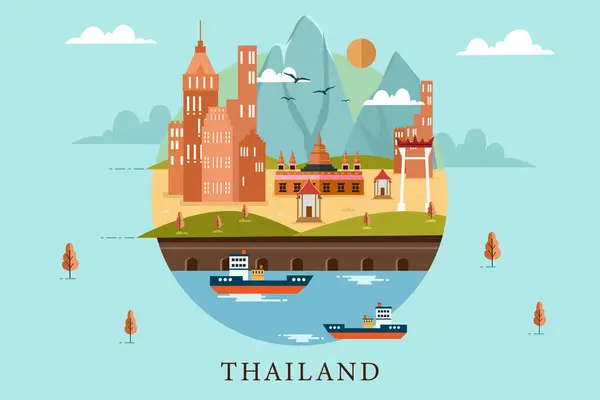Tailândia Paisagem Urbana Estilo Plano Mínimo Geométrico Tailândia Ilustração Paisagem Gráficos De Vetores