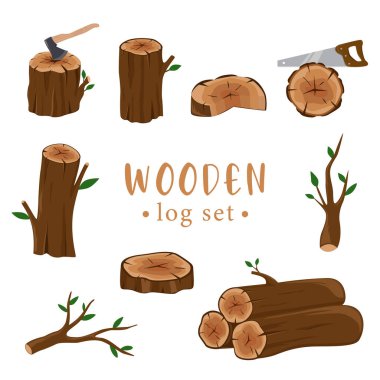 Various wood logs with trunks stump for lumber industry vector illustration on white background clipart
