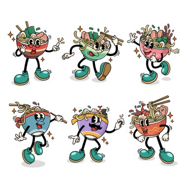 Çeşitli Pozisyonlar ve İfadelerle Geleneksel Ramen Japon Yemek Çizgi Filmleri