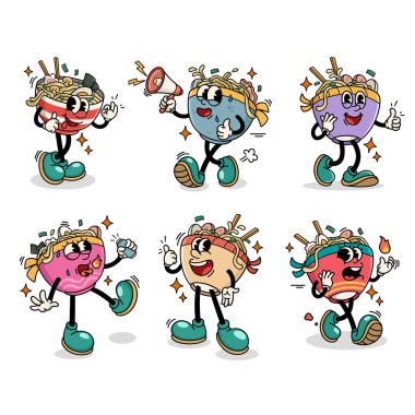 Çeşitli Pozisyonlar ve İfadelerle Geleneksel Ramen Japon Yemek Çizgi Filmleri