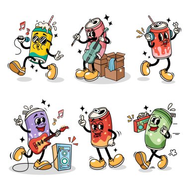 Retro Can Soda Çizgi Filmi Çeşitli Pozisyonlar ve İfadelerle Müzik Çalıyor