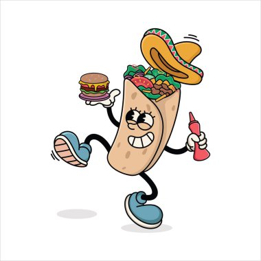 Mutlu Burrito Karakteri Burger ve Sos, Sombrero ve Fast Food Elementleri