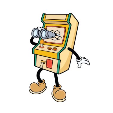 Funny Arcade Machine Cartoon Character with Binoculars