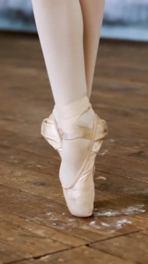 yakın, dans salonu, genç balerinler pas de Bourré suivi ayak pointe ayakkabı barre, bale sınıf eski bir ahşap zemin üzerinde yakın duran beşinci konumda gerçekleştirin..
