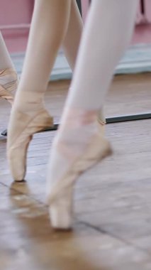 Bale salonunda genç balerinler pointe ayakkabı, yukarı gider ayak, pas echappe gerçekleştirmek yakın çekim.