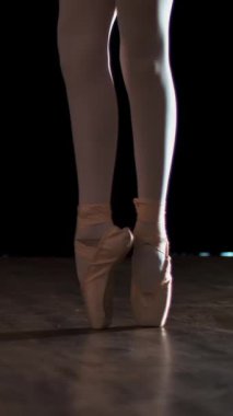 Bale dansçısının bacaklarını dik tut. Puantiyeli alıştırma yapan küçük bir balerin. Ayakkabılı balerin ayakları. Kız klasik bale yapıyor...