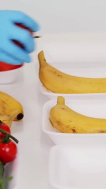 Üst Manzara. Koruyucu eldivenlerdeki gönüllüler bakkal paketleri, meyve ve sebzeleri tepsilere koyup kapatıyorlar. Coronavirus sırasında yemek servisi ve paket servisi. İnternetten alışveriş.