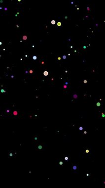 Soyut büyülü arkaplan. Parıldayan, parlak renkli yuvarlak parçacıklar siyah arka plana düşüyorlar. Uçan, titreyen, yuvarlak parçacıklar parıldıyor .