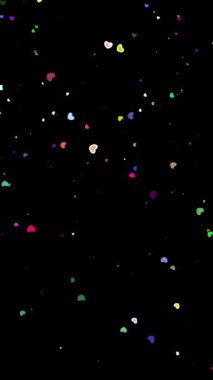 Şenlikli büyülü arka plan. Parıldayan, parıldayan, renkli, kalp şeklindeki parçacıklar siyah arka plana düşüyor. Uçan, titreyen, kalp şeklindeki parçacıklar parıldıyor. .