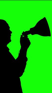 Protestocuların siyah silueti elinde bir megafon tutuyor, yeşil arkaplanda sloganlar atıyor. Eylemci protestoda, mitingde, gösteride