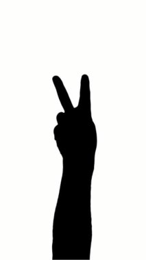 Yakın plan, insanın zafer işareti, beyaz arka planda siyah siluet. Protesto sanatı. Mücadele sembolü. Amerika 'da Afrika kökenli Amerikalı protestocular. Haklar için savaşmak.
