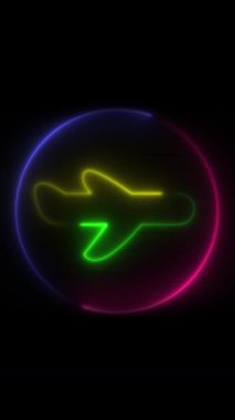 Işık animasyonu. Neon pembe ve mor, yanıp sönen ve parlayan bir işaret, siyah arka planda, çok renkli düzlemin ana hatları.