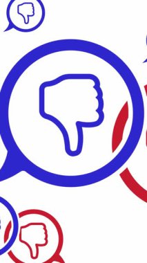 Animasyon. Mavi ve kırmızı konuşma baloncukları, baş parmakları aşağıda, bu da hoşlanmama anlamına gelir, beyaz arka planda görünür..