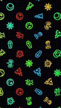 Cadılar Bayramı ikonları, animasyon döngüsü. Kusursuz bir arka plan. Küçük çok renkli Cadılar Bayramı simgeleri siyah arkaplanda yavaşça döner