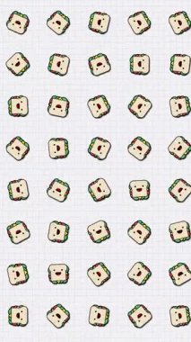 Sandviç ikonu, animasyon döngüsü. Kusursuz bir arka plan. Küçük, çok renkli sandviç simgeleri ızgarada yavaşça döner. Beyaz arka plan. Ulusal hamburger günü. Fast food konsepti.