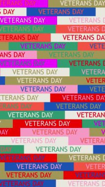 Gaziler Günü. Geçmişi. Kusursuz desen. Döngü mozaik animasyonu. çok renkli, yanıp sönen metin simgelerine sahip pankart veya arkaplan.