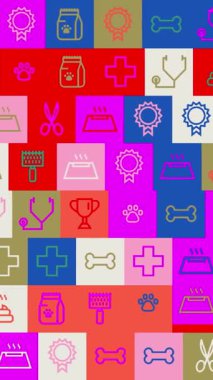 Ulusal Hayvan Günü. Geçmişi. Kusursuz desen. Döngü mozaik animasyonu. çok renkli, yanıp sönen simgeler, logolar veya çizimler içeren pankart veya arkaplan.