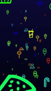 En tatlı günün kutlu olsun. Neon simgeleri arkaplanı. Kusursuz desen. döngü animasyonu. Küçük, çok renkli simgeler, illüstrasyonlar veya logolar görünür, siyah arkaplanda yavaşça uçar.