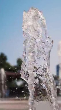 Çeşme. Yakın plan. Fıskiye fıskiyeleri. Arka planda bulanık çocuklar, su akıntıları arasında eğleniyorlar, şehir parkında yüksek çeşme jetleri, sıcak yaz günü.