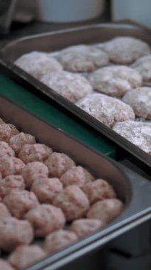 Yarı bitmiş ürünler. Çiğ hamburger. Yemek pişirmek. Yakın plan. Pişirmeden önce, çiğ pirzola, hamburger, tavaya serilmişti.