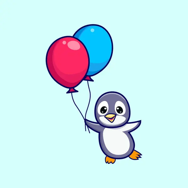 Счастливый Пингвин Летит Красочными Воздушными Шарами Векторной Иллюстрацией Симпатичная Птичка — стоковый вектор