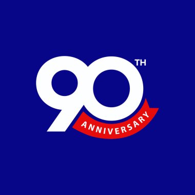 Mavi arka planda kırmızı kurdeleli 90 yıllık şablon tasarımı. 90. yıl dönümü kutlaması, davetiye, tebrik kartı, tebrik kartı, afiş, poster, broşür, doğum günü dileği