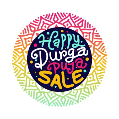 Geleneksel Hint festivali için renkli tipografi tasarımlı mutlu Durga Puja satış şablonu. Vektör El harf şablonu, poster, afiş, kutlama unsurları içeren tebrik kartı çizdi.