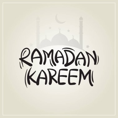 Ramazan Kareem tipografi vektör illüstrasyon tebrik kartı el yazısı siyah arkaplan üzerine bir ay ve cami tasarımı. İslam dini festivali Ramazan Mübarek logosu, metin.