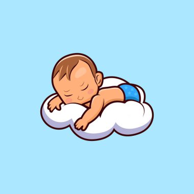 Bulut vektörü çiziminde uyuyan sevimli bir bebek. Yeni doğan, gülümseyen sevimli çocuk karakteri çizimi. Çizgi film bebek düz biçim vektör simgesi.