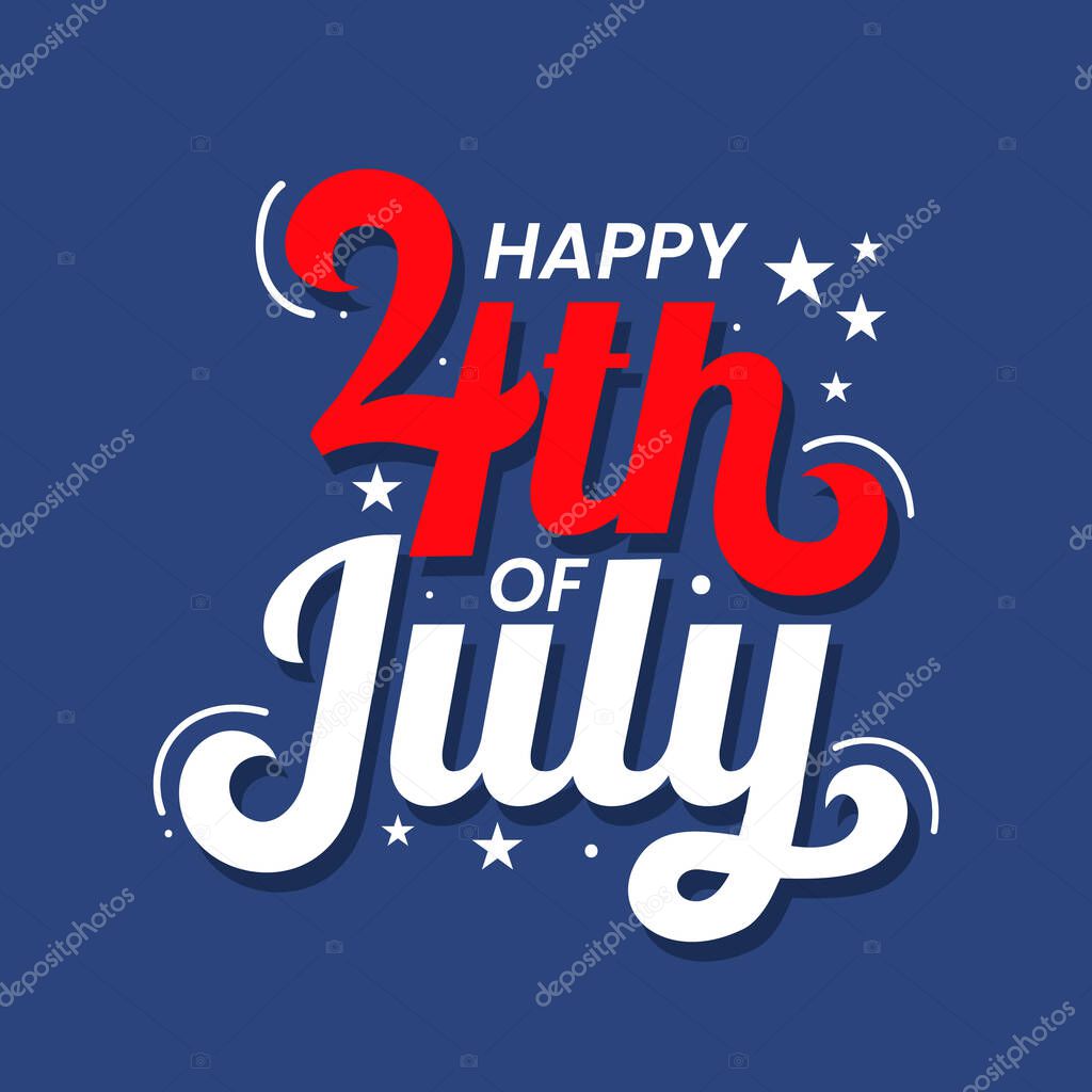 Happy 4th of July typography banner to celebrate American Independence Day. Fourth of July logo, banner, poster, greeting card with United States flag, stars. Red and blue color. Vector illustration.