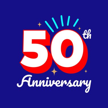 3D 50. yıl dönümü logosu tasarımı. Kutlama unsurlarıyla 50. yıldönümü rozeti tasarımı. Şirket ya da iş doğum gününü kutlamak için imza ve sembol. Mavi arkaplanda 25 yıllık tebrik kartı.