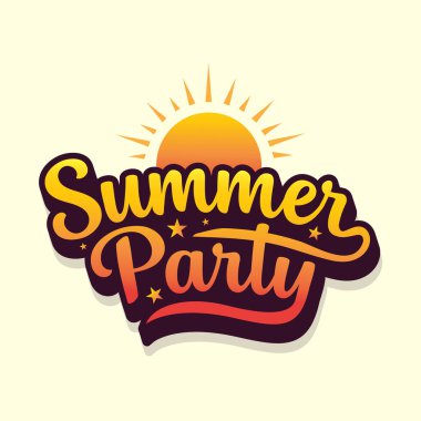 Yaz Partisi logosu. Summer Retro tarzı el yazısı ve vektör güneş çizimi. Yaz etiketi, logo, yaz tatili için el yazısı, seyahat, plaj tatili.