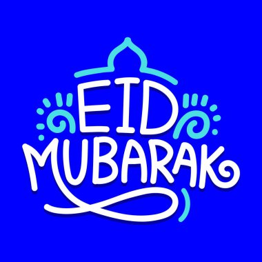 Mavi arka planda bayram mübarek tebrik kartı şablonu tasarımı elle çizilmiş. Bayram Mübarek İngiliz Tipografisi. Ramazan Bayramı, Kurban Bayramı 'nda. Dini bayram. Kurban kaligrafisi, poster, afiş.