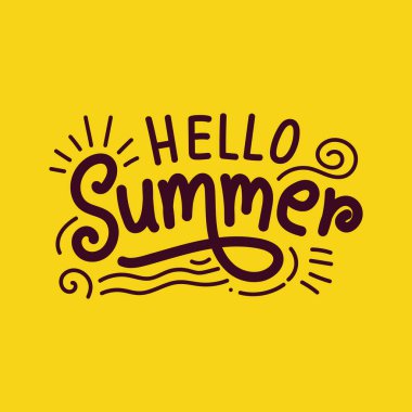 Merhaba Yaz el yazısı, sarı arka planda yaz elementleriyle çizilmiş..