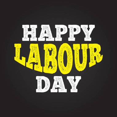 Grange desenli İşçi Bayramı tipografiniz kutlu olsun. Siyah arka planda beyaz ve sarı metin. İş aletleri elementleri. 1 Mayıs bayrağı, poster