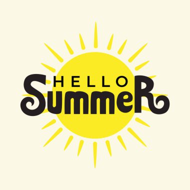 Merhaba Summer tipografi vektör çizimi ve güneş vektörü. Merhaba yaz logosu. Tişört, afiş, poster, tebrik kartı için yaz tabiri.