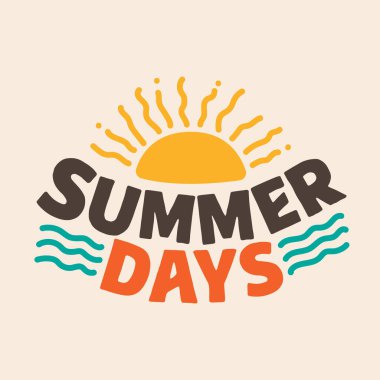 Summer Days 'in eski yazı dizaynı. Yaz titreşimleri tipografi ile güneş ve sahil dalgaları vektör illüstrasyonu. Yaz partisini kutlamak için 60 'ların eski harf dizaynı. Klasik yaz tişörtü..