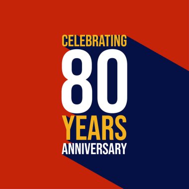 Kırmızı arka planda uzun bir gölgeyle 80 'inci yıl dönümü şablonu tasarımını kutluyoruz. 80. yıl dönümü kutlama afişi, davetiye kartı, tebrik kartı, afiş, broşür, doğum günü mesajı..